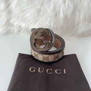 Gucci Brown/Beige GG Canvas and Leather Interlocking G Buckle Belt 90 cm (36 In)